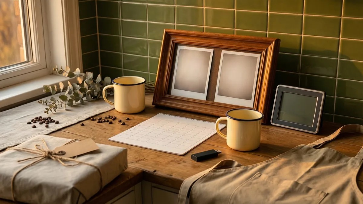 Two yellow mugs sit on a wooden desk beside a calendar, a wrapped gift, and a wooden photo frame against green tiled walls.