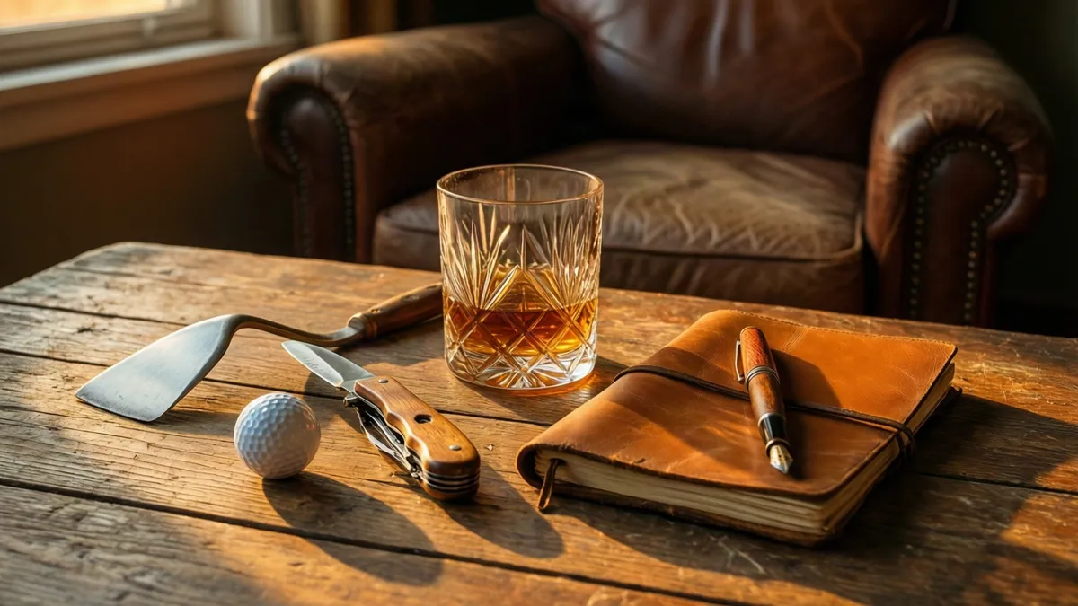 On a brown leather chair by a window, a folded towel holds a corked glass bottle, a knife, a white ball, a mug, and a card.