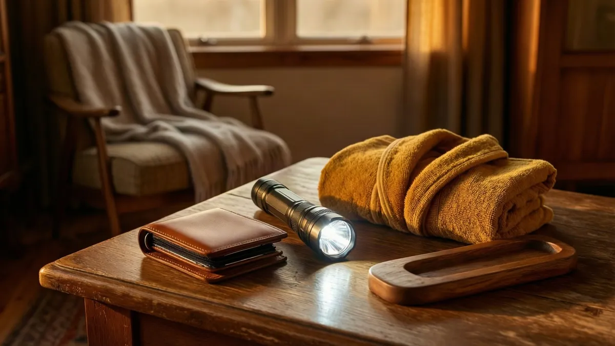 A lit flashlight, brown leather wallet, folded yellow towel, and wooden tray rest on a polished wooden table near a window.