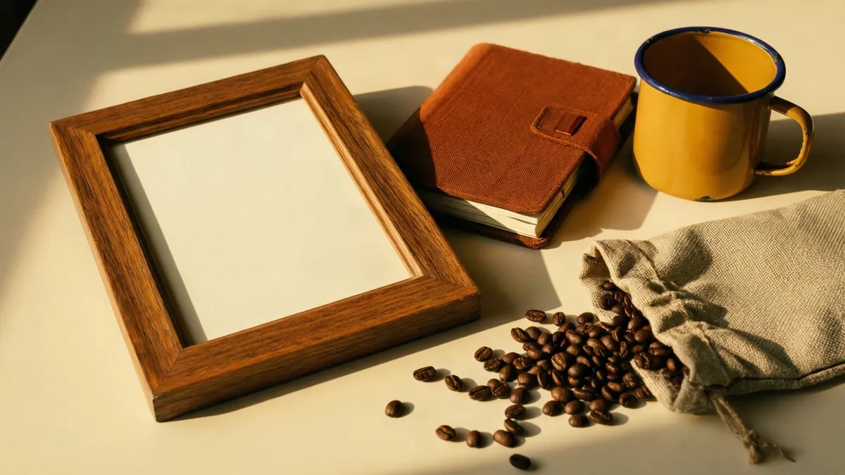 A wooden picture frame with a blank mount lying on a cream surface beside a rust-colored cloth-bound album, a yellow enamel mug and a canvas bag spilling coffee beans, in warm low light