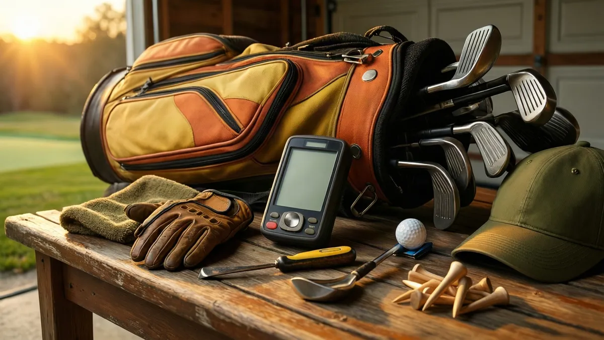 A golf bag, clubs, glove, rangefinder, ball, tees, and cap rest on a wooden table illuminated by warm sunlight.