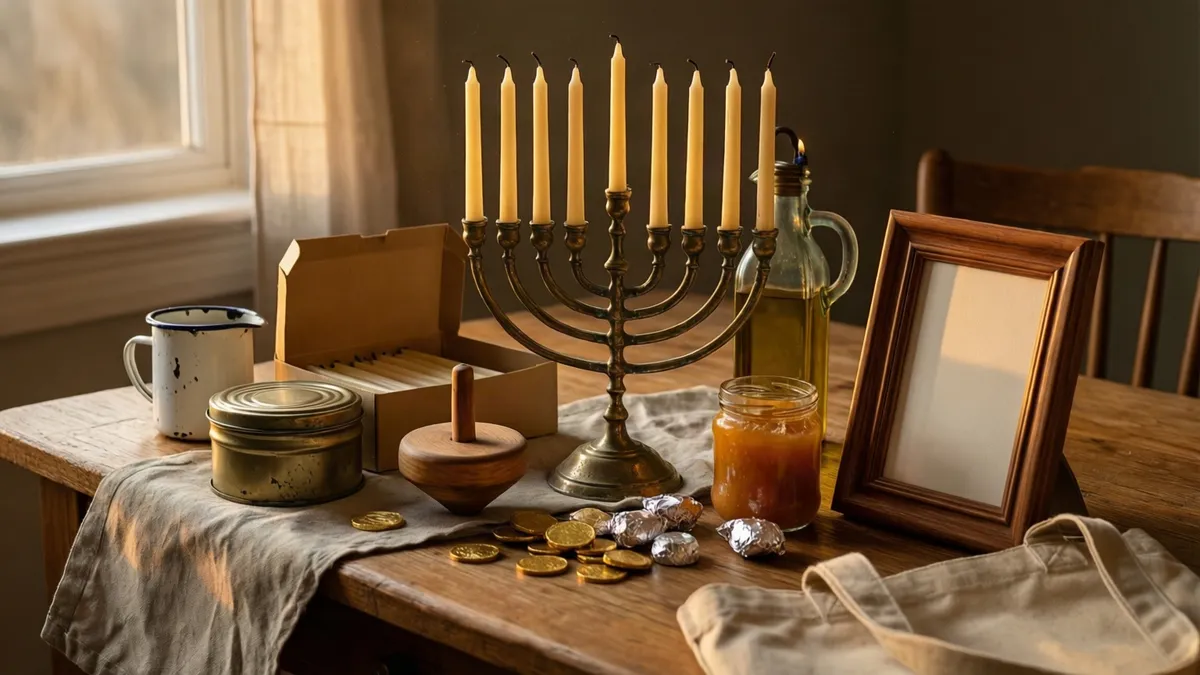 A brass menorah sits on a wooden table with a mug, dreidel, gold coins, honey jar, and empty picture frame.