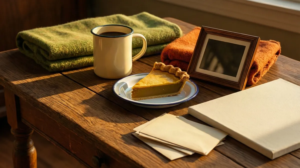 A slice of pie rests on a white plate beside a cream mug, folded green and orange towels, a wooden frame, and a blank book on a sunlit wooden table.